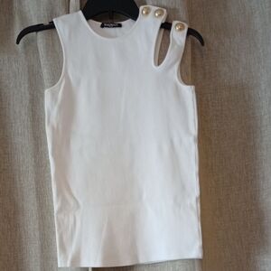 Balmain White Sleeveless Tank with Pearl-Detail Shoulder Straps